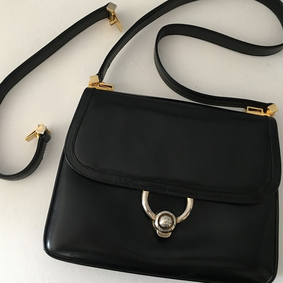 Gucci Black Leather Handbag 2 Way Straps 1980's Vintage - Picture 12 of 15